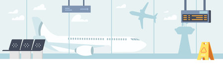 Airport Waiting Room, Empty Terminal Interior With Chairs and Schedule Display. Departure Area with Seats and Windowのイラスト素材