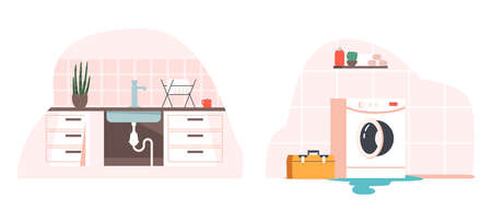 Empty Flooded Bathroom and Kitchen Interior. Leaking Washing Machine, Furniture, Sink ,and Shelf with Accessoriesのイラスト素材