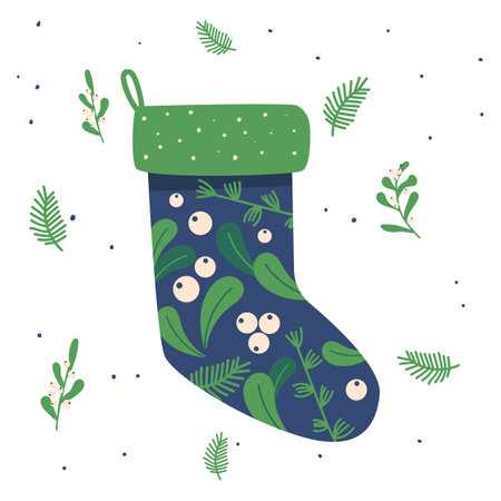 Christmas Sock in Scandinavian Style with Holy Berry and Leaves Ornament, Winter Xmas Stockings Isolated on Whiteのイラスト素材