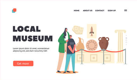 Local Museum Landing Page Template. Family Characters Mother and Son Tourists Visiting Ancient History Exhibitionのイラスト素材