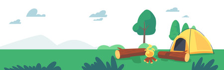 Camping Tourist Tent in Forest Field, Traveler Camp with Burning Campfire and Logs on Nature Landscape Backgroundのイラスト素材