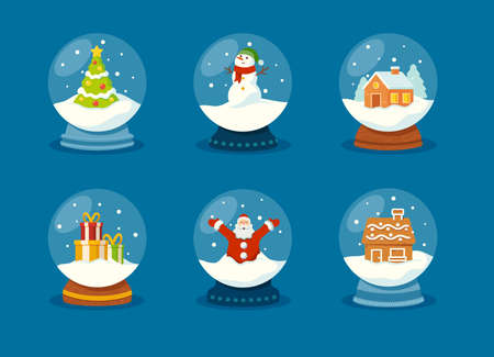 Set of Glass Snow Globe, Christmas Souvenir Isolated on Blue Background. Winter Snowball, Magic Xmas Crystal Orbsのイラスト素材