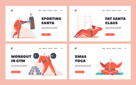 Santa Claus Workout in Gym Landing Page Template Set. Funny Senior Character Healthy Lifestyle, Powerlifting Sportのイラスト素材