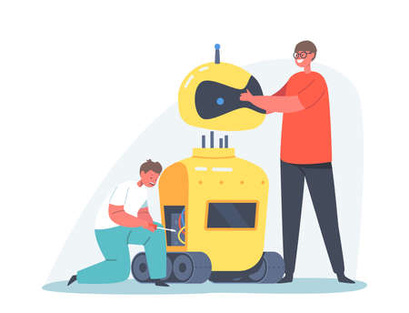 Childhood Activity, Education, Innovation Concept. School Robotics Project. Children Creating Ai Cyborg Using Toolsのイラスト素材