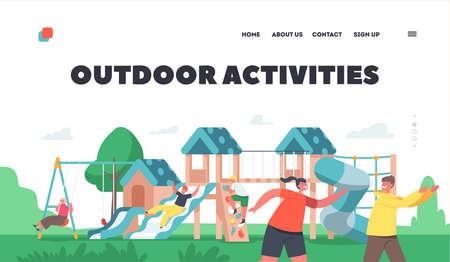 Outdoor Activities Landing Page Template. Happy Children Playing, Boys or Girls Fun on Playground. Characters Run, Swingのイラスト素材