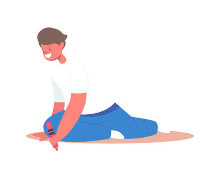 Happy Boy with Wax Pencil Sitting on Floor Painting Pictures on Paper or Asphalt. Kid Character Paint Recreationのイラスト素材