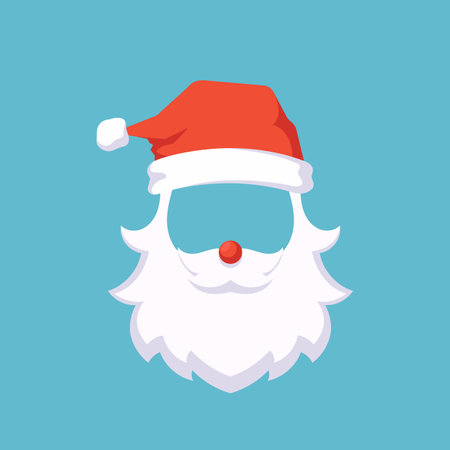 Santa Claus Mask. Christmas Party Selfie or Booth Photo. Face With Beard, Mustaches, Red Nose and Hat, Holiday Templateのイラスト素材