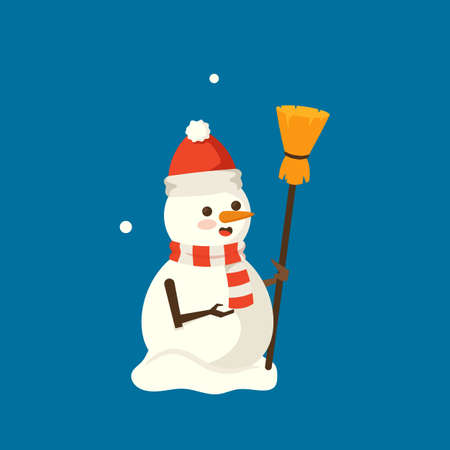 Cute Smiling Snowman Wear Santa Hat with Broom in Hand. Christmas Character. Happy New Year and Merry Xmas Personageのイラスト素材