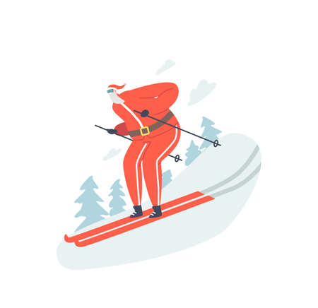 Santa Skier Riding Downhills at Winter Season. Christmas Character Athlete in Red Tracksuit, Hat and Sunglasses Skiingのイラスト素材
