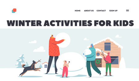 Winter Activities for Kids Landing Page Template. Happy Family Parents with Kids Making Snowman. Winter Time Gameのイラスト素材