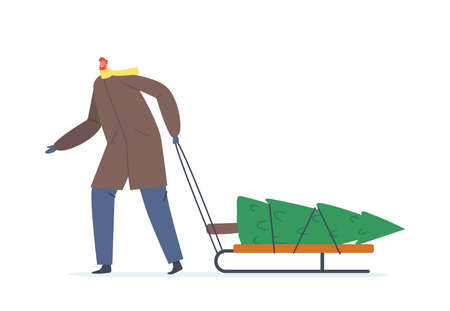 Happy Man in Winter Clothes Pull Sled with Fir Tree Isolated on White Background. Christmas and New Year Preparationのイラスト素材