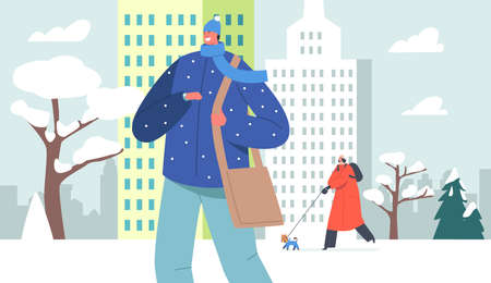Winter Rush on City Street. Characters Walking at Cityscape under Falling Snow. Young Man Wearing Modern Winter Jacketのイラスト素材
