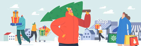 Happy People Rush to Christmas Sale. Men and Women Buying Gifts and Tree, Push Shopping Cart with Presentsのイラスト素材