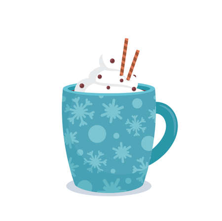 Winter Drink in Blue Cup with Snowflakes Design. Hot Beverage with Whipped Cream, Mug with Cocoa, Chocolate Dessertのイラスト素材