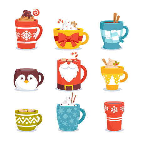 Set of Christmas Mugs with Hot Drinks. Winter Cups with Beverages and Decoration for Wintertime Season Holidays Iconsのイラスト素材