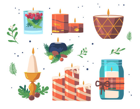 Set Decorative Burning Candles, Handmade Christmas Design Elements on Isolated White Background. Xmas Decor for Winterのイラスト素材