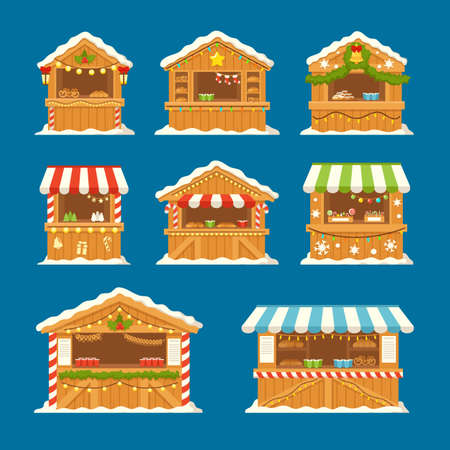 Set Christmas Market Stalls with Food, Sweets and Hot Drinks. Xmas Wooden Souvenir or Bakery Kiosks, Winter Housesのイラスト素材