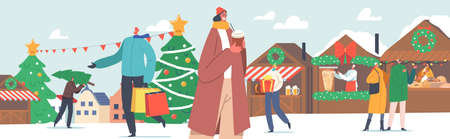 Happy People on Christmas Market. Men and Women Buying Gifts and Tree, Carry Shopping Bags with Presents for Holidaysのイラスト素材