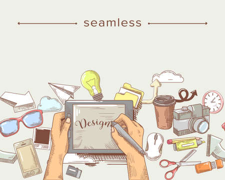 Hands with Tablet and Working Stuff on Desk Seamless Pattern, Doodle Composition with Designer Workplace Borderのイラスト素材