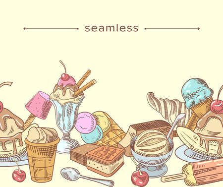 Doodle Ice Cream, Sketch Frozen Creamy Dessert Seamless Pattern, Gelato Icecream, Wafer Cone, Caramel Eskimo, Chocolateのイラスト素材