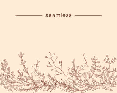 Doodle Branches with Leaves and Berries, Monochrome Floral Design Elements, Sketch Plants on Pink Backgroundのイラスト素材