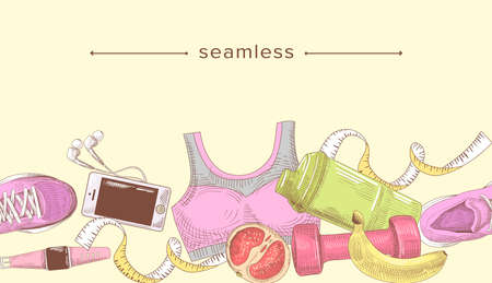 Seamless Pattern with Fitness Stuff for Girls Sneakers, Dumbbells, Smart Watch and Sports Suit, Hand Drawn Borderのイラスト素材