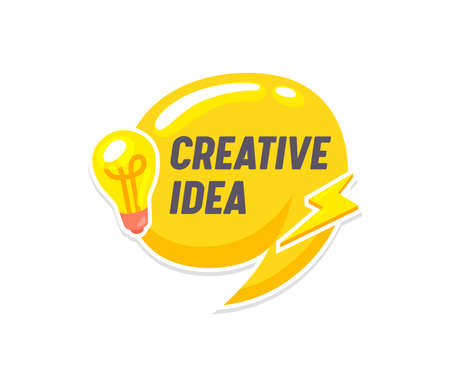 Creative Idea Banner, Yellow Speech Bubble with Flash and Light Bulb Isolated on White Background. Educational Elementのイラスト素材