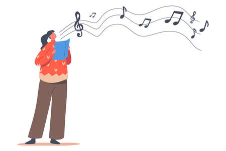 Cute Child Caroling, Happy Kid Character Wear Knit Sweater Singing Christmas Songs Isolated on White Backgroundのイラスト素材