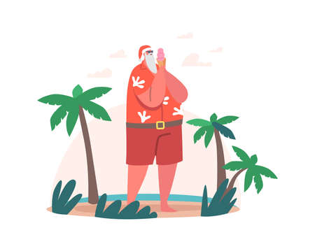 Santa Claus in Sunglasses and Hipster Wear Enjoying Ice Cream at Beach with Tropical Palm Trees. Christmas Relaxのイラスト素材