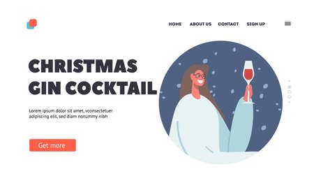 Christmas Gin Cocktail Landing Page Template. Young Cheerful Drink Alcohol at Home or Bar. Drunk Girl Celebrate Holidaysのイラスト素材
