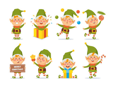 Collection of Christmas Elves Isolated on White Background. Bundle of Little Santas Helpers Holding Holiday Giftsのイラスト素材