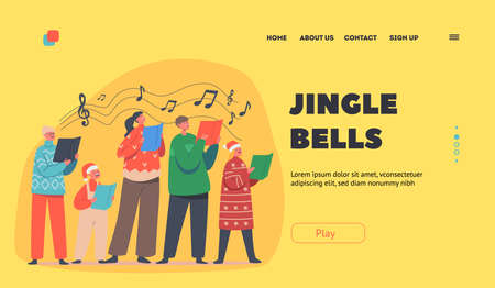 Jingle Bells Landing Page Template. Happy Children Christmas in Santa Claus Hats Singing Xmas Carols Holding Song Booksのイラスト素材