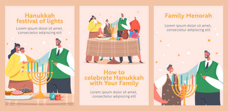 Happy Family with Kids Celebrating Hanukkah Cartoon Posters. Jewish Festival of Lights. Parents and Children Holidayのイラスト素材