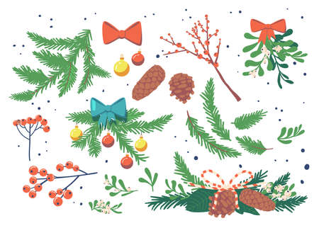 Winter Berries and Leaves Elements. Leaf, Fir, Pine Branches, Bows and Cones, Berry. Christmas Collection for Invitationのイラスト素材