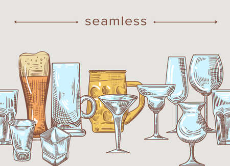 Hand Drawn Border with Mugs, Seamless Pattern with Glass Cups for Alcohol Drinks. Doodle Goblets for Martini, Beer, Wineのイラスト素材