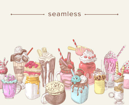 Sketch Sweet Cocktails Seamless Pattern, Drinks Doodle Background. Mugs with Chocolate, Sweets, Fruits and Sprinklesのイラスト素材