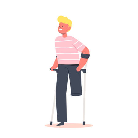 Disabled Boy without one Leg Stand on Crutches. Patient Rehabilitation after Accident, Handicapped Child Character Rehabのイラスト素材
