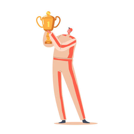 Sportsman with Gold Goblet Isolated on White Background. Sportive Male Character Celebrate Victory Holding with Cupのイラスト素材