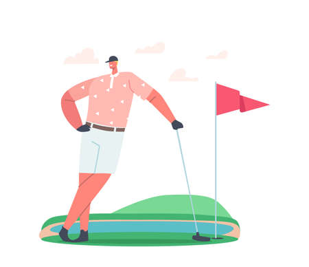 Golfer Summer Leisure, Sport Training or Competition. Young Smiling Man in Sport Uniform Holding Golf Club in Handsのイラスト素材