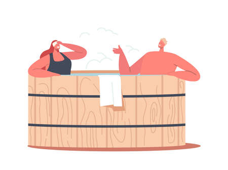 Relaxation, Body Care Therapy, Wellness, Hygiene, Honeymoon Date. Young Man and Woman Couple Sitting in Wooden Bathのイラスト素材
