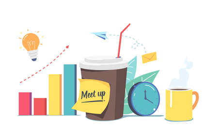 Meetup, Coffee Break for Company Employees Concept with Disposable Coffee Cup, Clock, Tea Mug and Light Bulb with Chartのイラスト素材