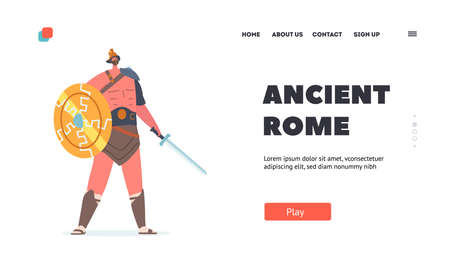 Ancient Rome Spartan Male Character with Armor Landing Page Template. Legionary Soldier, Roman Warrior Gladiatorのイラスト素材