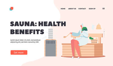 Sauna Health Benefits Landing Page Template. Woman in Turban and Robe Sitting on Wooden Bench in Steam Roomのイラスト素材