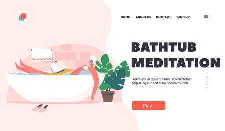 Bathtub Meditation Landing Page Template. Woman Relaxing in Tub Reading Book with Coffee Cup in Hands. Beauty Procedureのイラスト素材