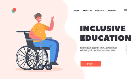 Inclusive Education Landing Page Template. Disabled Boy Sit in Wheelchair. Child Character Disability, Paralyzed Personのイラスト素材