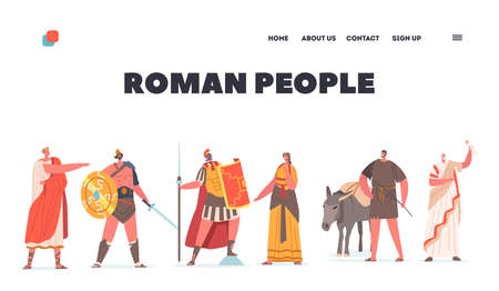 Roman People Landing Page Template. Ancient Rome Citizen Male Female Character in Tunic and Sandals Historical Costumesのイラスト素材