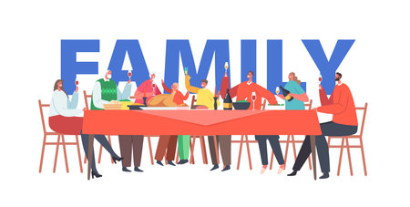 Family Christmas Dinner Concept. Father, Mother, Grandfather, Grandmother, Daughter and Son Characters Celebrate Eveのイラスト素材