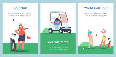 Cartoon Posters with Men and Women Golf Players in Sport Uniform Holding Clubs on Course. Golf Cart Rental, World Tourのイラスト素材