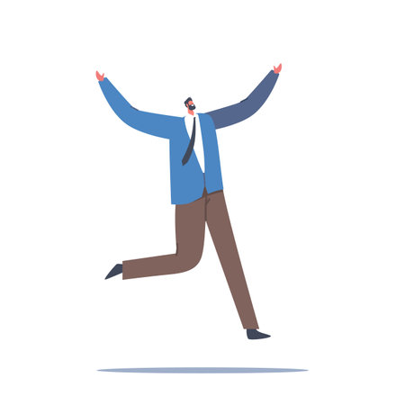 Happy Businessman Jump with Raised Arms, Male Character Feel Positive Emotions, Rejoice, Victory or Success, Good Moodのイラスト素材