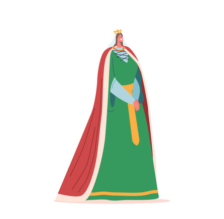 Beautiful Medieval Queen in Royal Crown, Long Dress and Cape. Family Member in Costume, Isolated Ancient Kingdom Personのイラスト素材